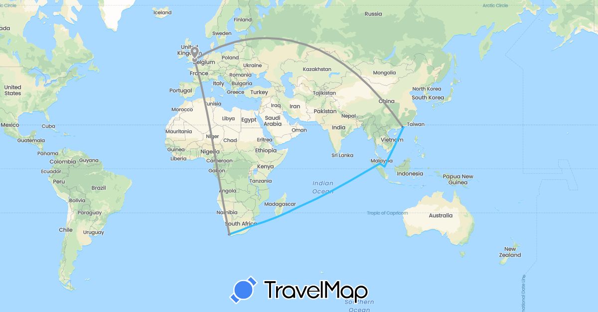 TravelMap itinerary: driving, plane, boat in China, United Kingdom, Mauritius, Malaysia, Singapore, Vietnam, South Africa (Africa, Asia, Europe)